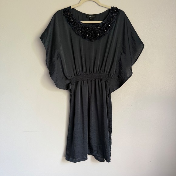 AB Studio Dresses & Skirts - Y2K AB Studio‎ Satin Charcoal Gray Floral Neckline Dolman Sleeve Dress 6